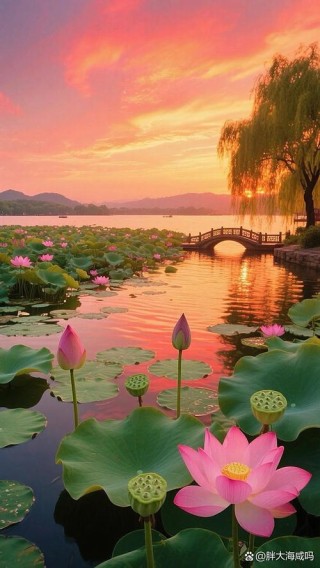 碧水荷花映夕阳 香风拂面满池塘 芳心自得清闲地 一片花香入梦乡
