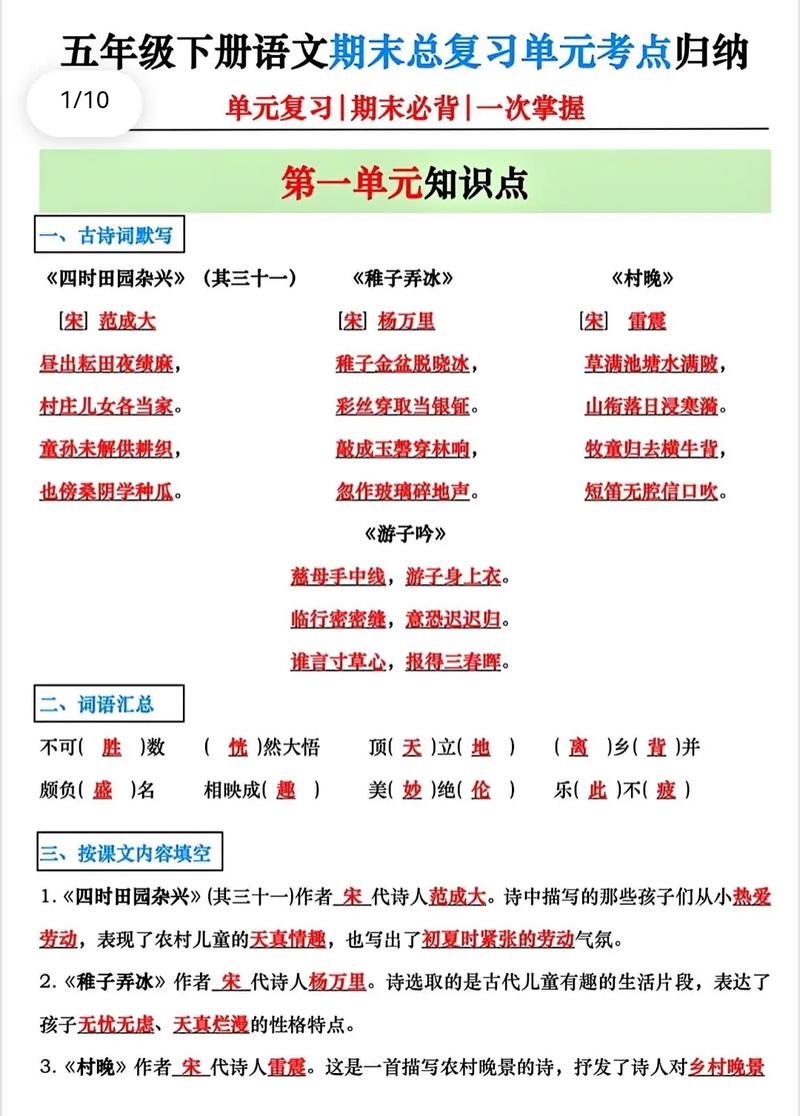 小学五年级语文下册全册知识点分单元归纳 第1张 小学五年级语文下册全册知识点分单元归纳 第1张